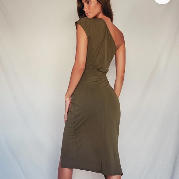Olive Green One-Shoulder Midi Dress - Small - Picture 4 of 5